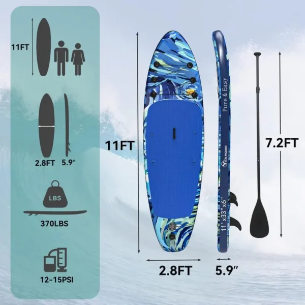 11'x 6'' Inflatable SUP Board with SUP Accessories Including Backpack Wide Stance Surf Control Waterproof Phone Case Leash Paddle Pump Standing Boat - 图片 7