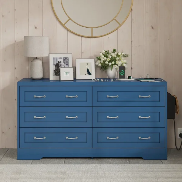 Mid-Century 6-Drawer Double Dresser with Charging Station and Storage Bag - 图片 8