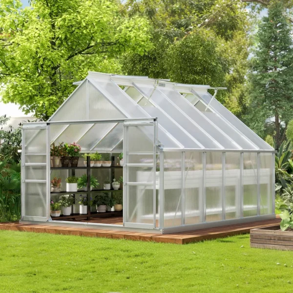 10x12 FT PC Greenhouse with Sliding Doors & Adjustable Roof Vents