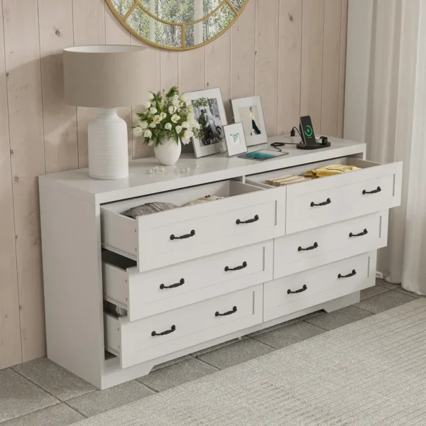 Mid-Century 6-Drawer Double Dresser with Charging Station and Storage Bag - 图片 3