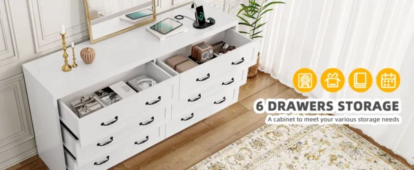 Mid-Century 6-Drawer Double Dresser with Charging Station and Storage Bag - 图片 4