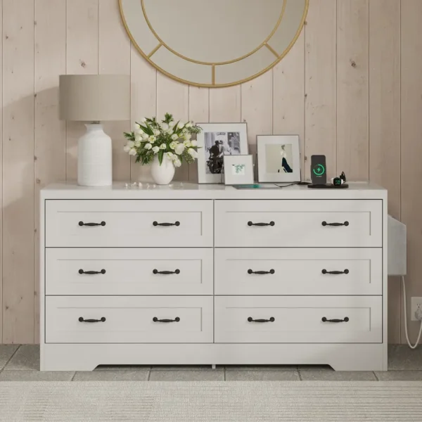Mid-Century 6-Drawer Double Dresser with Charging Station and Storage Bag