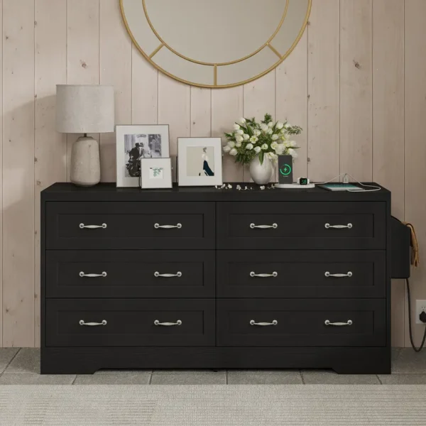 Mid-Century 6-Drawer Double Dresser with Charging Station and Storage Bag - 图片 7