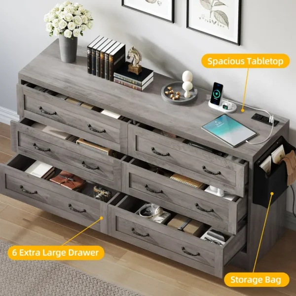Mid-Century 6-Drawer Double Dresser with Charging Station and Storage Bag - 图片 9