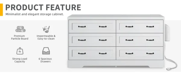 Mid-Century 6-Drawer Double Dresser with Charging Station and Storage Bag - 图片 6