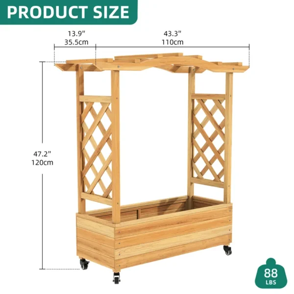 3.6x1.2x4ft Solid Wood Raised Garden Bed with Trellis and Lockable Wheels - 图片 5