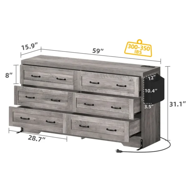 Mid-Century 6-Drawer Double Dresser with Charging Station and Storage Bag - 图片 20