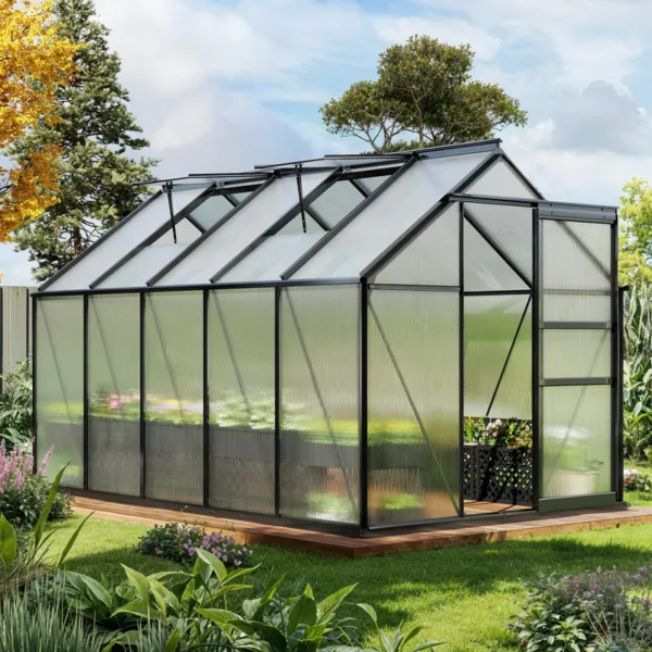10x12 FT PC Greenhouse with Sliding Doors & Adjustable Roof Vents - 图片 3