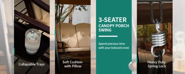 3-Person Canopy Porch Swing Outdoor Large Patio Swing Chair - 图片 20