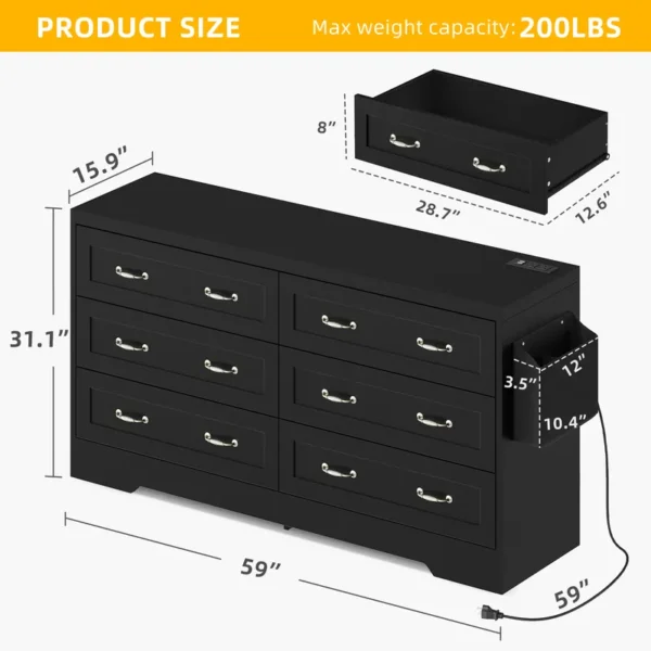 Mid-Century 6-Drawer Double Dresser with Charging Station and Storage Bag - 图片 22