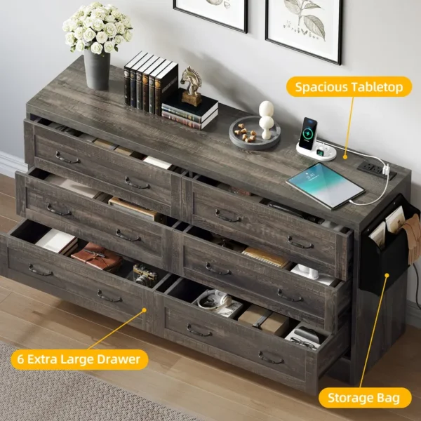 Mid-Century 6-Drawer Double Dresser with Charging Station and Storage Bag - 图片 13