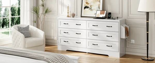 Mid-Century 6-Drawer Double Dresser with Charging Station and Storage Bag - 图片 5