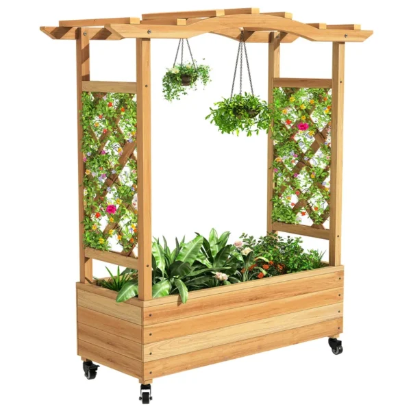 3.6x1.2x4ft Solid Wood Raised Garden Bed with Trellis and Lockable Wheels - 图片 4