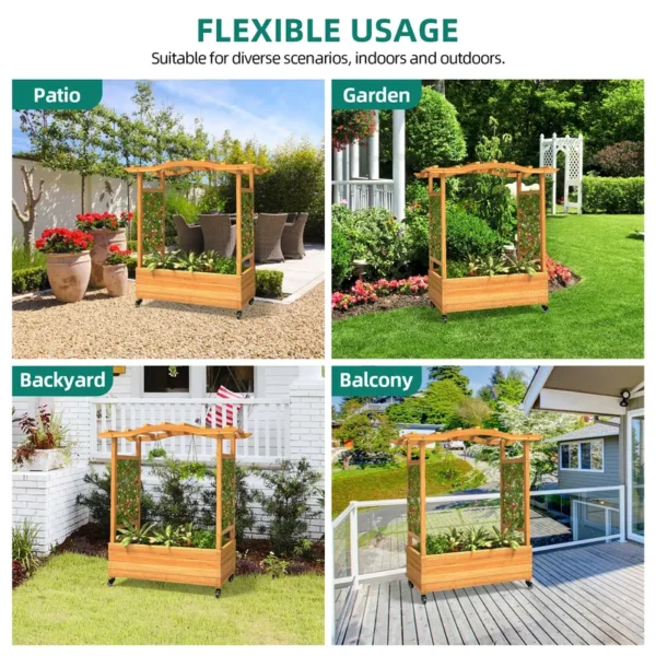 3.6x1.2x4ft Solid Wood Raised Garden Bed with Trellis and Lockable Wheels - 图片 2