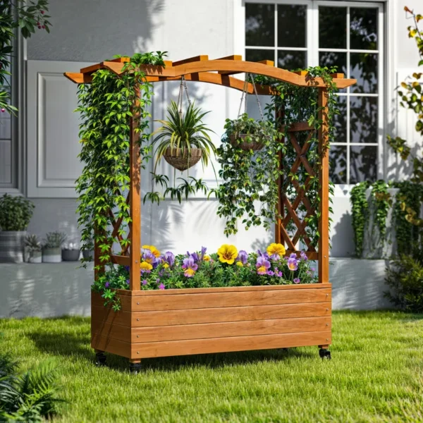 3.6x1.2x4ft Solid Wood Raised Garden Bed with Trellis and Lockable Wheels - 图片 9