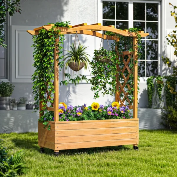 3.6x1.2x4ft Solid Wood Raised Garden Bed with Trellis and Lockable Wheels