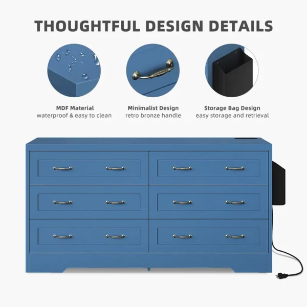 Mid-Century 6-Drawer Double Dresser with Charging Station and Storage Bag - 图片 19