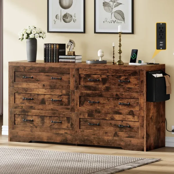 Mid-Century 6-Drawer Double Dresser with Charging Station and Storage Bag - 图片 15