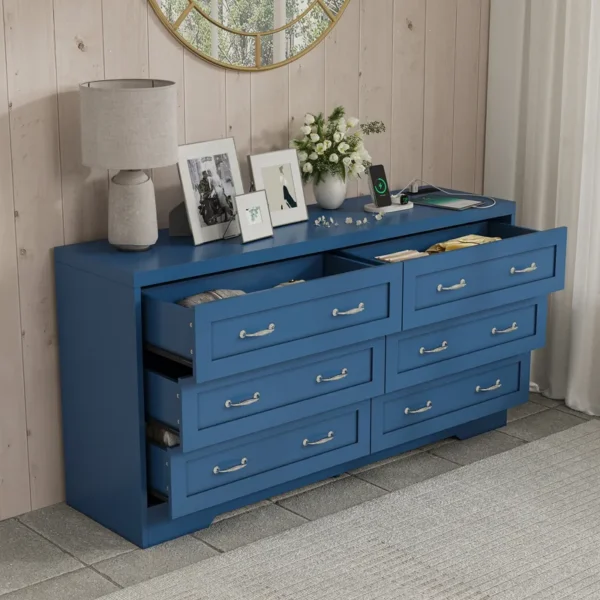 Mid-Century 6-Drawer Double Dresser with Charging Station and Storage Bag - 图片 12