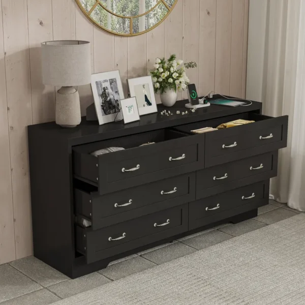 Mid-Century 6-Drawer Double Dresser with Charging Station and Storage Bag - 图片 11