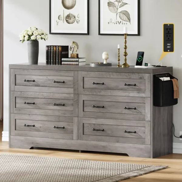Mid-Century 6-Drawer Double Dresser with Charging Station and Storage Bag - 图片 14