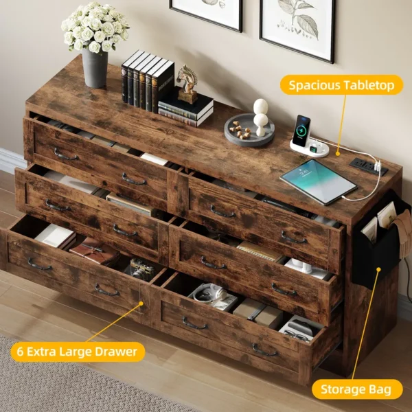 Mid-Century 6-Drawer Double Dresser with Charging Station and Storage Bag - 图片 10