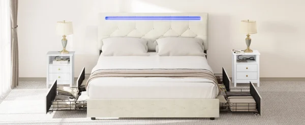 Queen Size Upholstered LED Bed Frame with 4 Storage Drawers & Adjustable Headboard in Beige - 图片 5