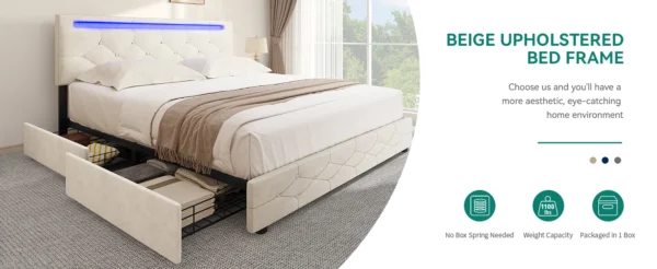 Queen Size Upholstered LED Bed Frame with 4 Storage Drawers & Adjustable Headboard in Beige - 图片 3