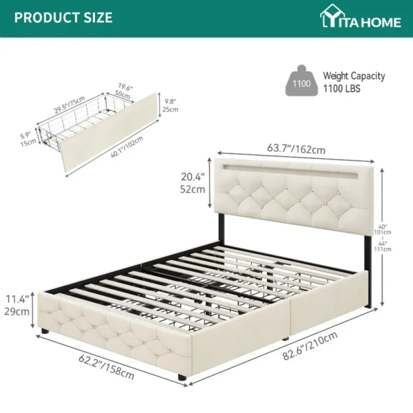Queen Size Upholstered LED Bed Frame with 4 Storage Drawers & Adjustable Headboard in Beige - 图片 8