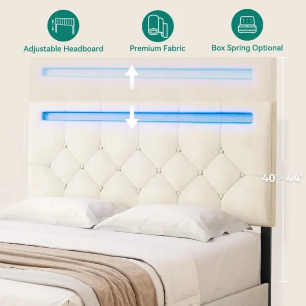 Queen Size Upholstered LED Bed Frame with 4 Storage Drawers & Adjustable Headboard in Beige - 图片 12