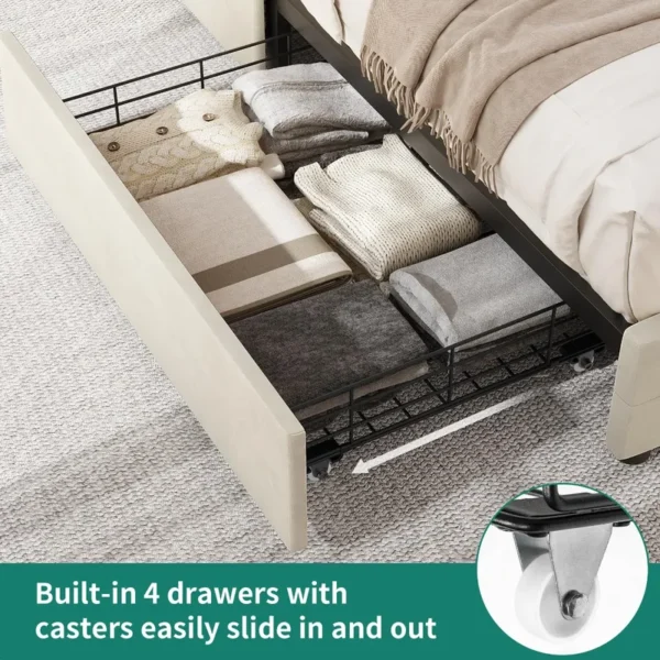 Queen Size Upholstered LED Bed Frame with 4 Storage Drawers & Adjustable Headboard in Beige - 图片 6